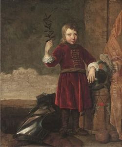 An Allegory Of Peace Overcoming War: Portrait Of A Boy,full-length, Holding An Olive Branch, With Armour, A Cannon, A Drumand The Flag Of The House Of Orange by Cornelis Brize