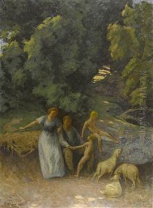 Waldlandschaft Mit Familie Und Schafen Waldlandschaft Mit Familie Und Schafen