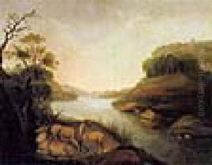 Bewaldete Landschaft Mit Einem See Und Ruhendem Rotwild by Joh. Ludwig Weber