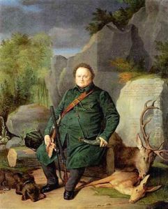 Poirtrat Des Ludwig Gloeckler Mit Zwillingsflinte Und Erlegtem Rotwild
