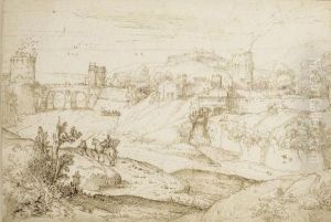 Un Village Au Bord D'une Riviere, Deux Hommes Dont Un A Cheval En Bordure Du Rivage by Francesco Brizio