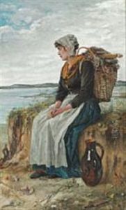 A Fisherman's Daughter Resting Near The Sea With A Heavy Basket On Her Back by Maria (Philips-Weber) Weber