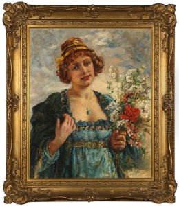 Portrait Of A Woman Holding Flowers by Maria (Philips-Weber) Weber