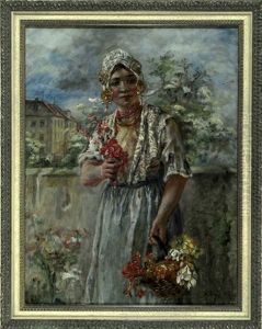 Junges Madchen In Tracht Mit Blumenkorb by Maria (Philips-Weber) Weber