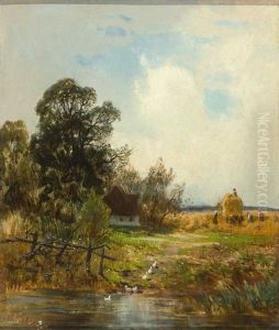 Erntelandschaft Mit Zweispannigem Wagen Und Ententeich - Kate Bei Sonnenuntergang Im Spatherbst Erntelandschaft Mit Zweispannigem Wagen Und Ententeich - Kate Bei Sonnenuntergang Im Spatherbst
