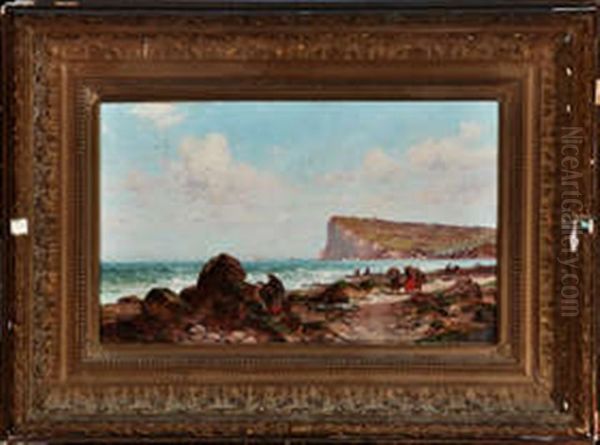 Fishergirls Gathering Shellfish On A Rocky Beach With A Large Harbour In The Distance - view 1