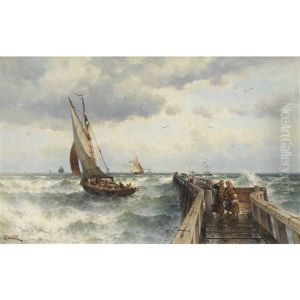 Sturmische See Mit Anlegesteg Und Segelschiffen Sturmische See Mit Anlegesteg Und Segelschiffen