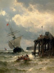 Schiffe Und Boote In Sturmischer See Bei Einem Anleger by Theodor Alexander Weber