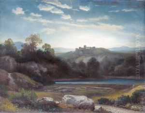 Sonnenuntergang Uber Landschaft Mit Burgruine by August Weber