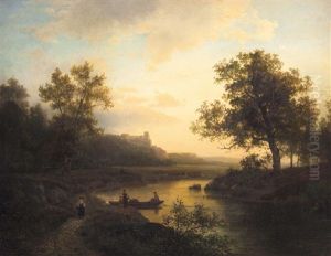 Das Heidelberger Schloss Am Neckar Mit Bootsfahrer Bei Abendstimmung by August Weber