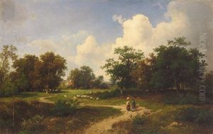 Sommerliche Weidelandschaft Mit Schafen, Baumgruppen Und Verstecktem Kirchdorf; Figurenstaffage Auf Altem Weg by August Weber