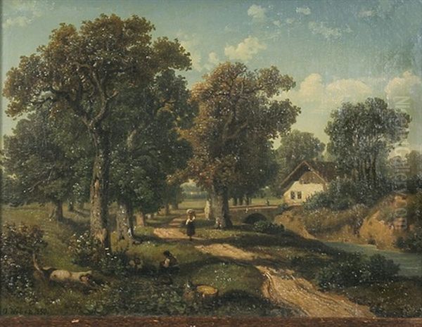Taunuslandschaft Mit Rastenden Wanderern Und Bauerin Bei Einem Bach - view 1