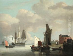 Dutch Fishing Boats And An English Man-o'-war In An Estuary by George Webster