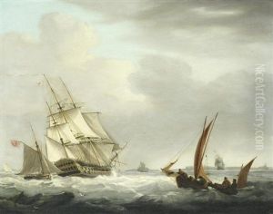 A Man O' War And Other Vessels In A Choppy Sea by George Webster