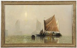 Morning Sun Breaking Through The Mist With Fishing Boats On The Thames by George Webster