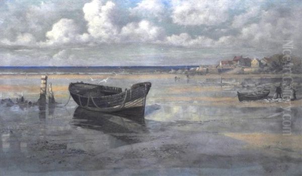 Extensive Coastal View With Beached Fishing Boat And Fishing Village Beyond - view 1