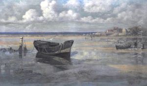 Extensive Coastal View With Beached Fishing Boat And Fishing Village Beyond by R. Wellesley Webster