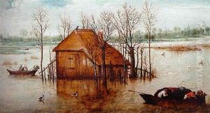 A Flooded Landscape With A Cottage, Rowboats, And A Village Beyond by Hans van Wechlen