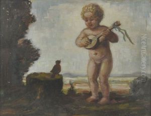 Landschaft Mit Auf Der Laute Musizierendem Putto Und Kleinem Vogel