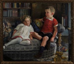 Zwei Kinder Sitzen Auf Der Couch Im Wohnzimmer, Neben Ihnen Ein Teddybar Und Eine Kasperlefigur by Max Wechsler