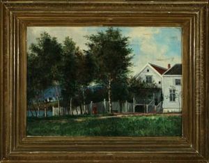Landscape At Borgund Church With People And Houses by Johan Herman Wedel-Anker