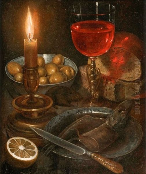 Nature Morte Aux Olives, Miche De Pain, Verre De Vin, Assiette De Poisson A La Lueur D"une Bougie - view 1