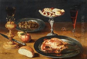 Stillleben Mit Einem Gebratenen Huhn, Brot Und Zuckerwerk In Prunkgefasen