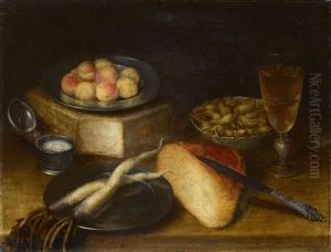 Stillleben Mit Rettich, Haselnussen, Pfirsichen, Kase, Brot Und Einem Flamischen Messer