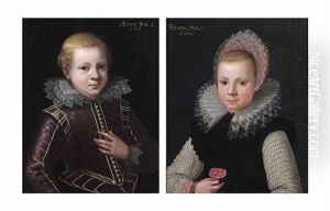 Portrait Of A Boy, Half-length, In A Violet Embroidered Coat With...; Portrait Of A Girl, Half-length, In A Black Dress With Gold... (pair)