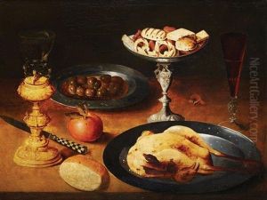 Nature Morte Au Plat D'olives, Romer Monte, Taza Presentant Des Biscuits, Verre De Vin, Poulet Roti Et Orange Sur Un Entablement by Gotthardt (Godert) de Wedig