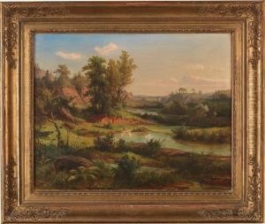 Bathers With Swan In An Open Landscape