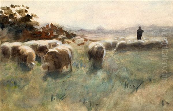 Herder Met Schaapskudde (+ Another, Similar, Watercolor; 2 Works) - view 1