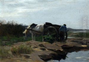 Boer Met Paard En Wagen Bij Het Water