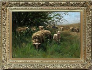 Shepherd And Sheep In Pastoral Landscape With Trees On Left Shepherd And Sheep In Pastoral Landscape With Trees On Left