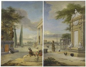 An Imaginary Palace Landscape With Monkeys, Fruit And Figures, Called 'the Cat's Paw'; And An Imaginary Palace Landscape With Birds And Figures by Jan Weenix