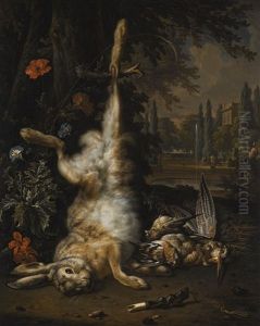 Still Life Of Game With A Hare, Snipe And Other Small Birds, A Park Landscape Beyond by Jan Weenix