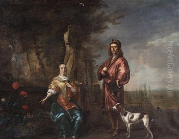 Couple Et Leur Chien Dans Un Paysage Orne De Statues - view 1