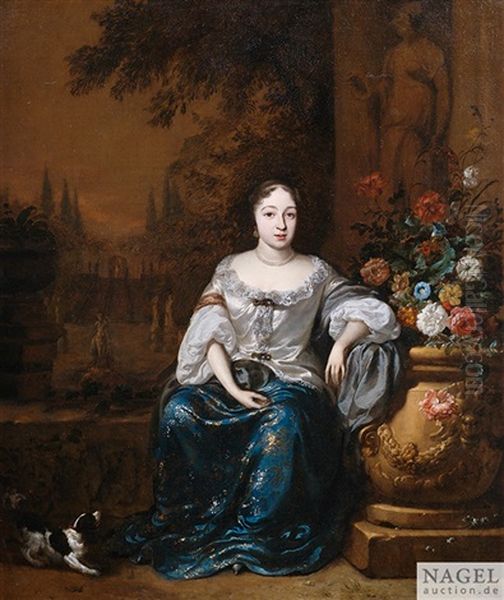 Bildnis Einer Eleganten Dame Mit Ihrem Hund Auf Einer Terrasse Vor Parklandschaft - view 1