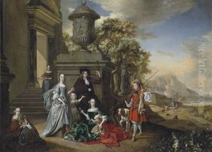 A Group Portrait Of An Elegantly Dressed Family By A Classical Building, With A Boy Approaching, Holding Game And A Rifle, A Coastal Landscape Beyond