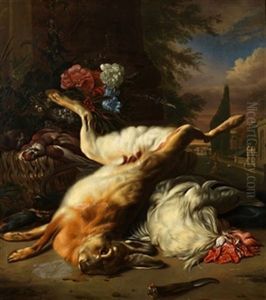 Bodegon Con Presas Y Flores Sobre Paisaje by Jan Weenix