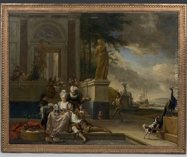 Rejouissances Sur Les Marches D"un Palais Pres D"un Port Avec Un Chien, Un Arlequin Et La Sculpture De L"enlevement Des Sabines - view 1