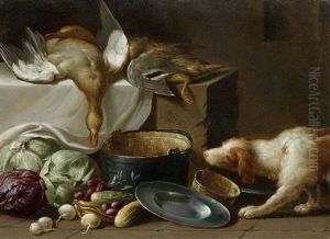 Kuchenstillleben Mit Enten, Vielerlei Gemuse, Kuchengeschirr Und Einem Hund