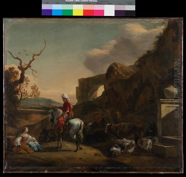 An Italianate Landscape With A Moorish Rider Conversing With A Shepherdess Resting On The Roadside, A Ruined Roman Aqueduct Beyond - view 1