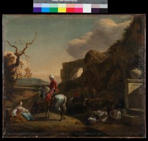 An Italianate Landscape With A Moorish Rider Conversing With A Shepherdess Resting On The Roadside, A Ruined Roman Aqueduct Beyond by Jan Baptist Weenix