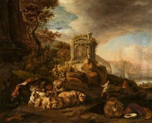 Southern Landscape With Sheep And Goats By A Chapel And A Harbour Southern Landscape With Sheep And Goats By A Chapel And A Harbour