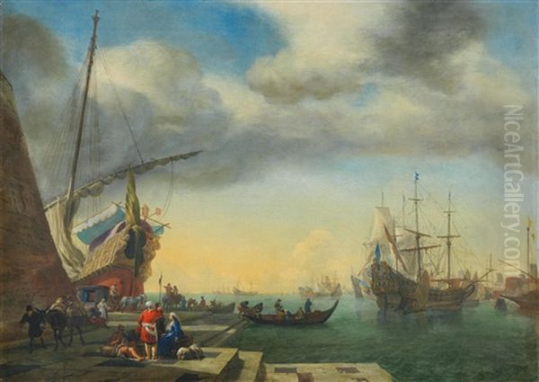 A Mediterranean Harbour Scene With Figures Gathered - view 1