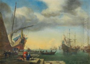A Mediterranean Harbour Scene With Figures Gathered by Jan Baptist Weenix