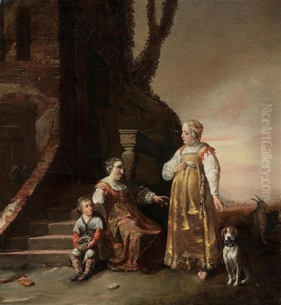 A Lady Conversing With A Peasant Woman And Child Seated On A Staircase - view 1