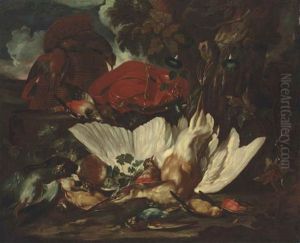 A Heron, A Woodpecker, A Mallard, And Other Game Birds, In A Wooded Landscape by Jan Baptist Weenix