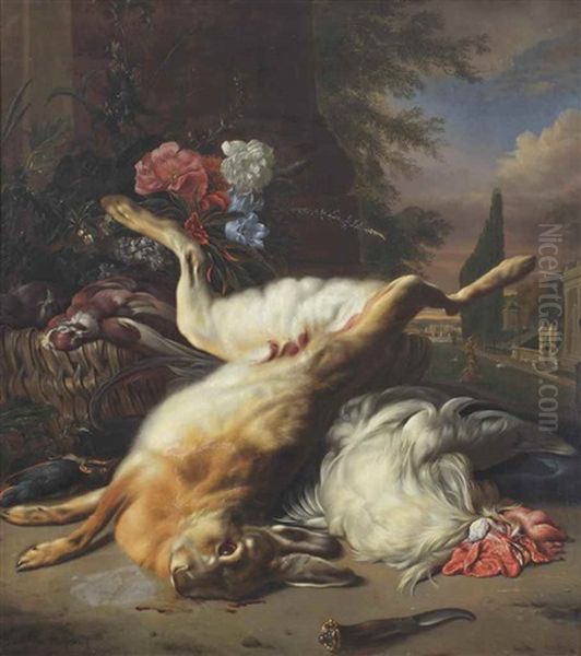 A Park Landscape With A Hare, A Cockerel, A Basket With Doves, A Kingfisher And Flowers Near A Column - view 1